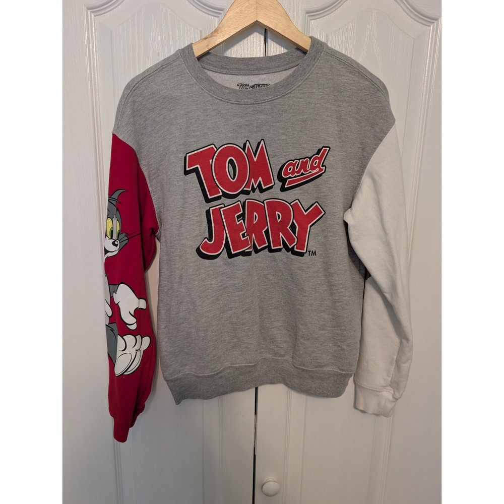 Tom And Jerry Red White GrayCrew Neck Long Sleeve Pullover Sweatshirt Medium